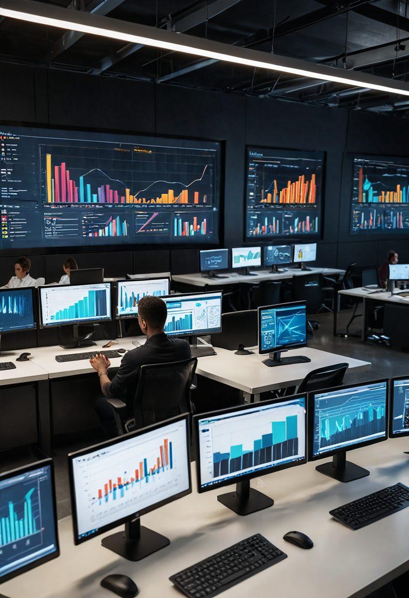 A sophisticated office setting with multiple screens displaying colorful and dynamic data visualizations like bar charts, line graphs, and infographics. Include a diverse group of professionals collaborating, pointing at the screens, emphasizing communication and understanding through data. Blend in elements of digital beauty with sleek designs and modern aesthetics. futuristic. vibrant colors. super-realistic.