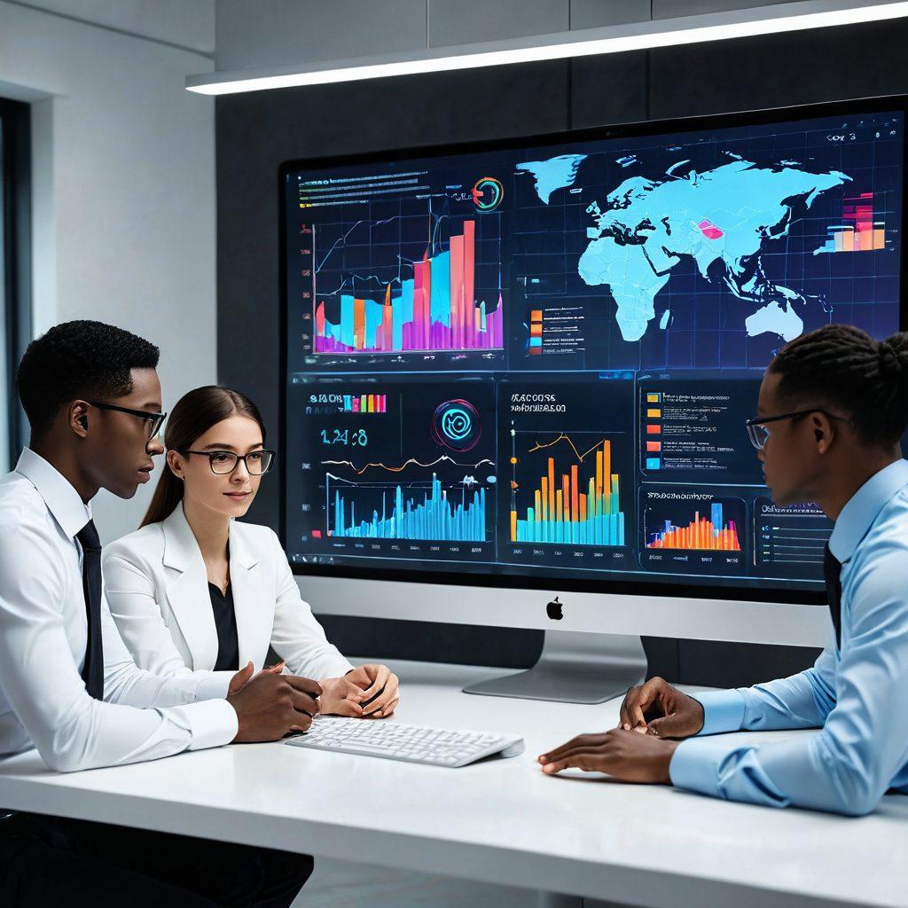 A dynamic scene showcasing various data visualization elements such as colorful charts, graphs, and infographics emerging from a computer screen. The computer is placed on a sleek desk with futuristic holograms of data floating around. Incorporate a diverse team of professionals actively interacting with these visual elements. super-realistic. vibrant colors. modern design.
